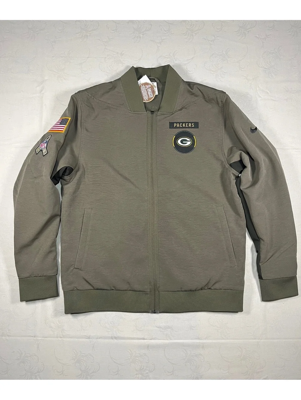 Nike Green Bay Packers Salute to Service Olive Bomber Jacket Fleece Lined Large